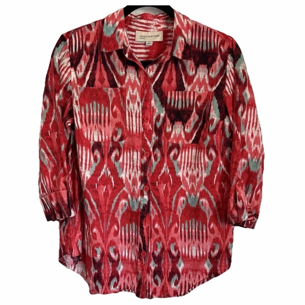 Jones New York Button Up Shirt Womens S Ikat Linen 3/4 Sleeve Tunic Boho Resort